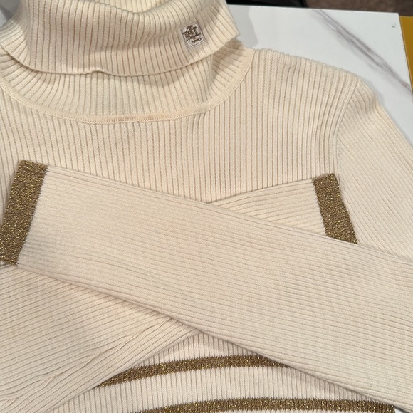 Ralph Lauren Ribbed Sweater Turtleneck Size Small. Cream w/Gold metallic stripes - Picture 3 of 5
